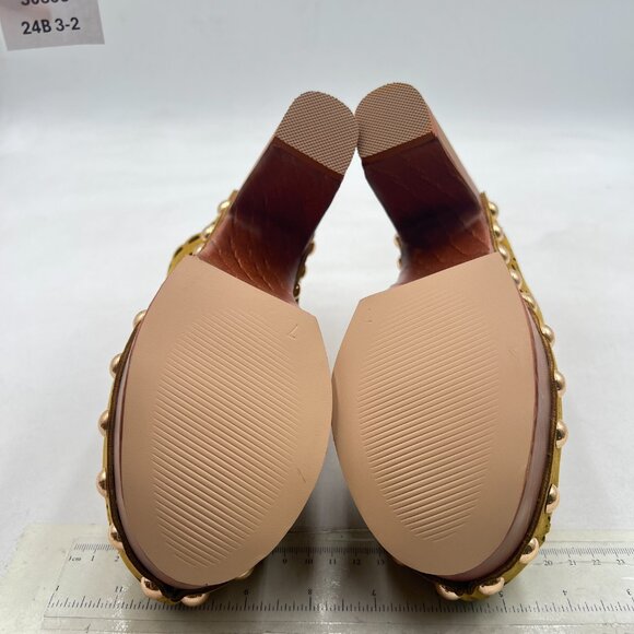 FOWT Khaki Studded Round Toe Floral Cut Out Platform Mules Chunky Heel Sandals - Picture 7 of 8